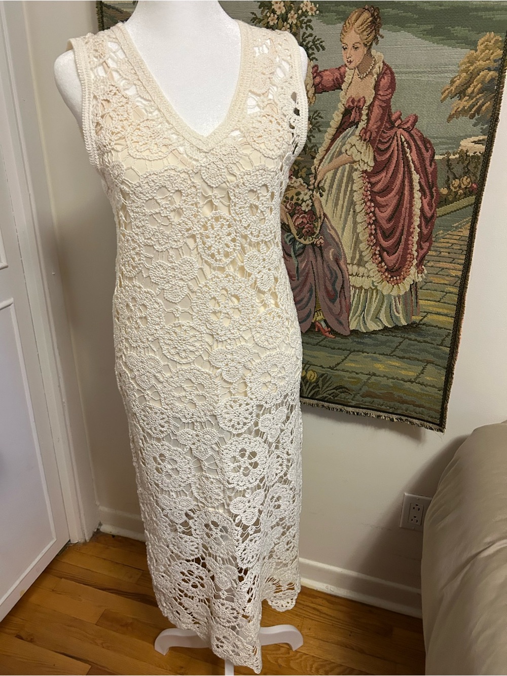 Zara Cream Crochet Lace V-Neck Maxi Dress